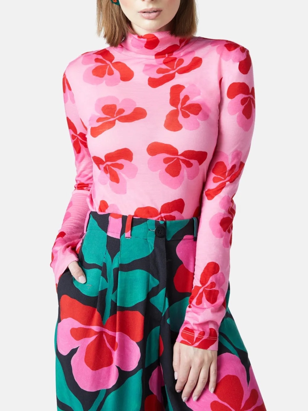 Gorman Pink Floral Merino Wool Turtleneck Top
